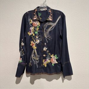 Johnny Was Silk Floral Embroidered Button-Up Shirt